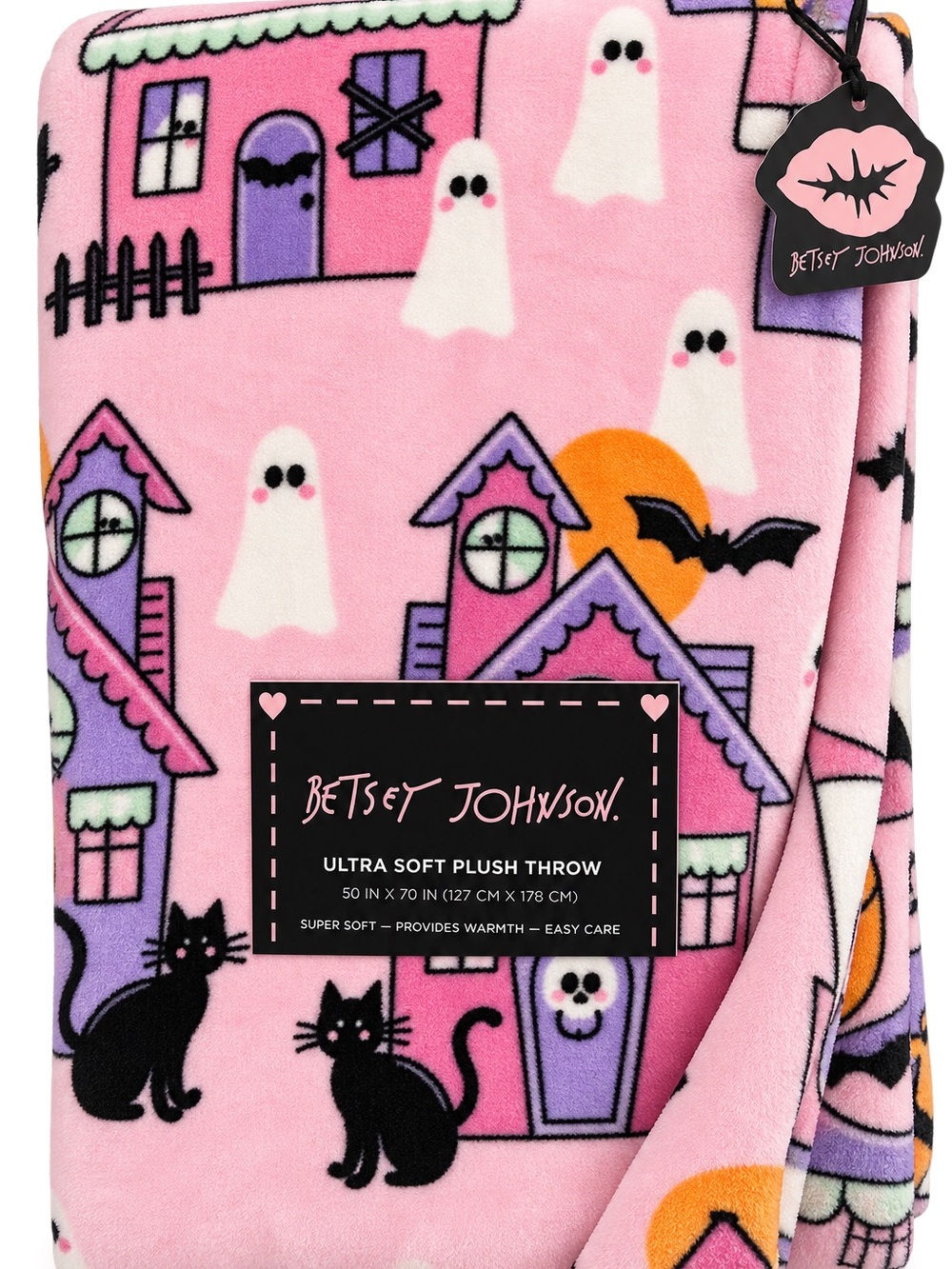 Betsy Johnson Pink Halloween Haunted House Ghost Cat Plush Throw Blanket
